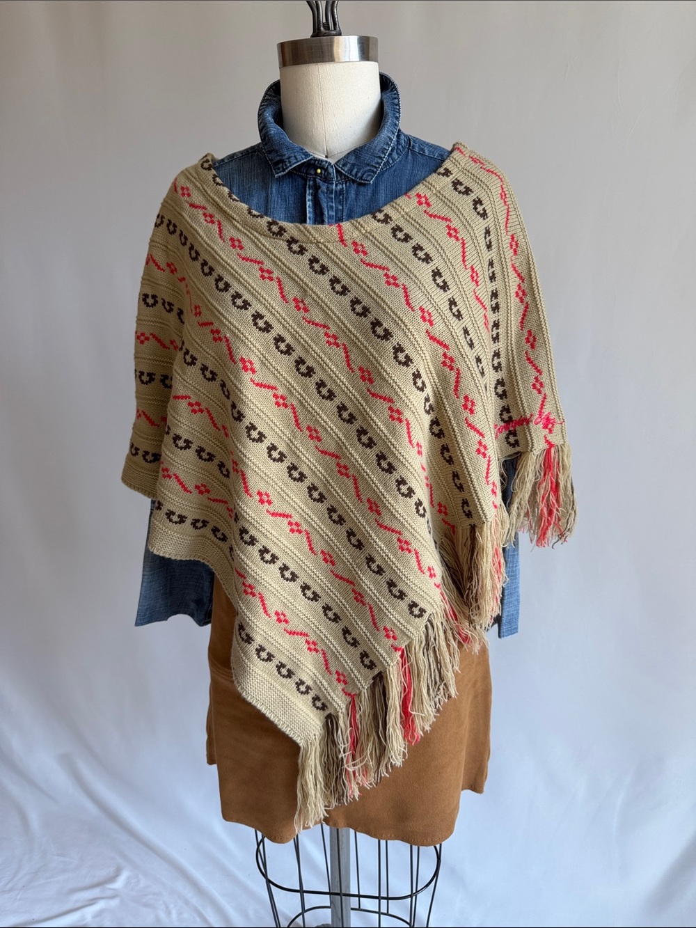Beige Fringe Knit Poncho with Coral and Brown Patterns